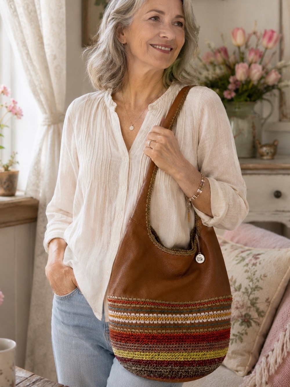 The Sak Large Leather Hobo “Made in Bali” Seminyak Shoulder Bag in Tobacco